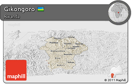 Shaded Relief Panoramic Map of Gikongoro, lighten, desaturated