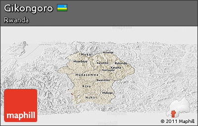 Shaded Relief Panoramic Map of Gikongoro, lighten, desaturated