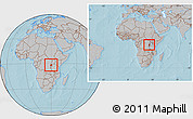 Gray Location Map of Rwanda, within the entire continent, hill shading