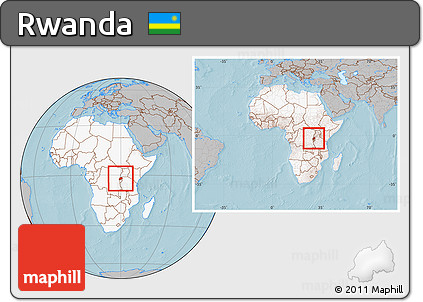 Gray Location Map of Rwanda, highlighted continent, within the entire continent, hill shading