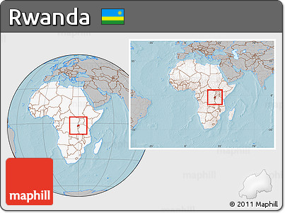 Gray Location Map of Rwanda, highlighted continent, within the entire continent, hill shading