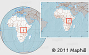 Gray Location Map of Rwanda, highlighted continent, within the entire continent, hill shading
