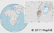 Gray Location Map of Rwanda, lighten, land only, hill shading