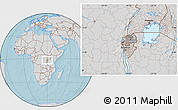 Gray Location Map of Rwanda, lighten, semi-desaturated, land only, hill shading