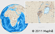 Gray Location Map of Rwanda, shaded relief outside, hill shading