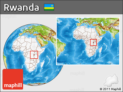 Physical Location Map of Rwanda, highlighted continent, within the entire continent