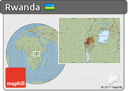 Physical Location Map of Rwanda, savanna style outside, hill shading