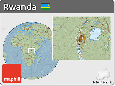 Physical Location Map of Rwanda, savanna style outside, hill shading