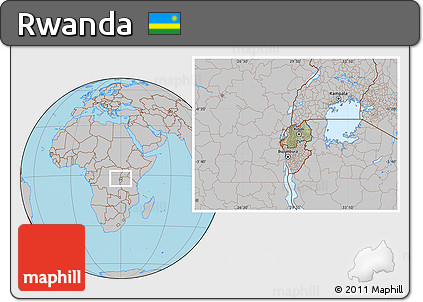 Savanna Style Location Map of Rwanda, gray outside, hill shading inside