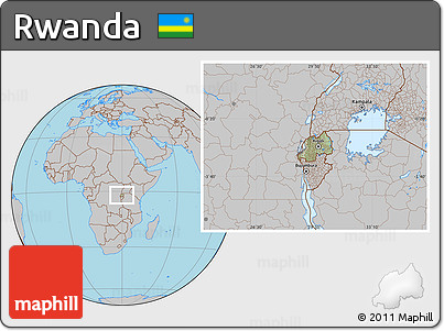 Savanna Style Location Map of Rwanda, gray outside, hill shading inside