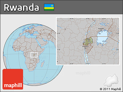 Savanna Style Location Map of Rwanda, gray outside, hill shading inside