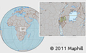 Savanna Style Location Map of Rwanda, gray outside, hill shading