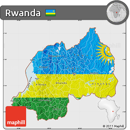 Flag Map of Rwanda, single color outside, bathymetry sea, flag centered