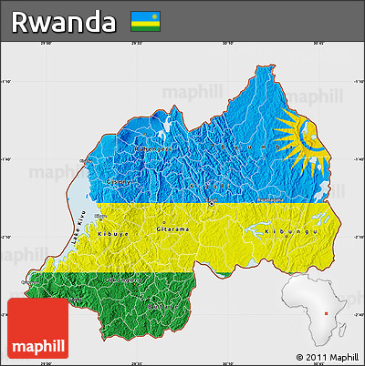 Flag Map of Rwanda, single color outside, bathymetry sea, flag centered