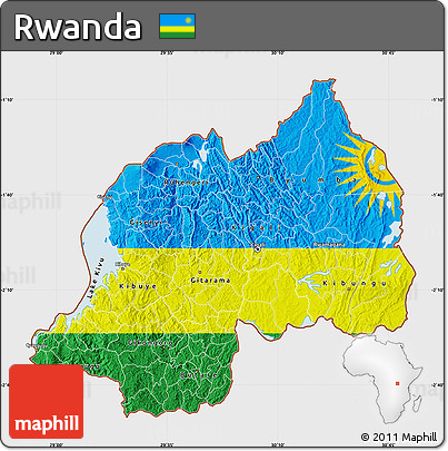Flag Map of Rwanda, single color outside, bathymetry sea, flag centered