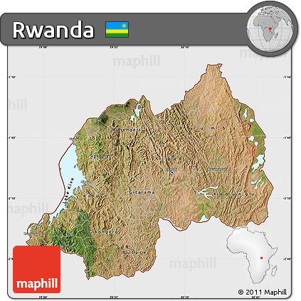 Satellite Map of Rwanda, single color outside, bathymetry sea, shaded relief sea