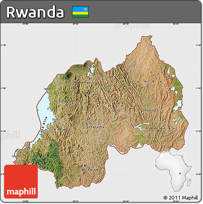 Satellite Map of Rwanda, single color outside, bathymetry sea, shaded relief sea