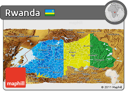 Flag Panoramic Map of Rwanda, physical outside, flag aligned to the middle