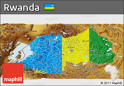 Flag Panoramic Map of Rwanda, physical outside, flag aligned to the middle