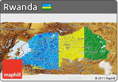 Flag Panoramic Map of Rwanda, physical outside, flag aligned to the middle