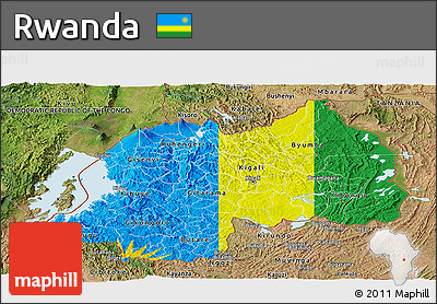 Flag Panoramic Map of Rwanda, satellite outside, bathymetry sea, flag aligned to the middle