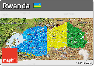 Flag Panoramic Map of Rwanda, satellite outside, bathymetry sea, flag aligned to the middle