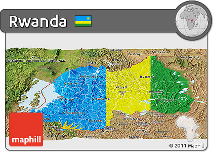Flag Panoramic Map of Rwanda, satellite outside, flag aligned to the middle