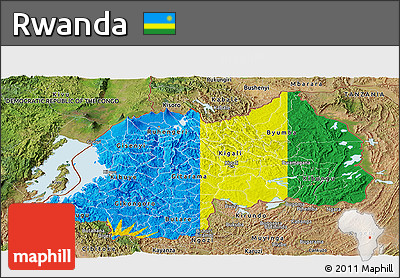 Flag Panoramic Map of Rwanda, satellite outside, flag aligned to the middle