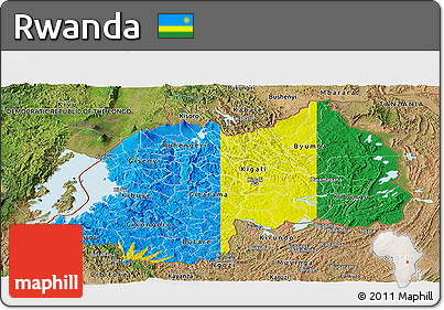 Flag Panoramic Map of Rwanda, satellite outside, flag aligned to the middle