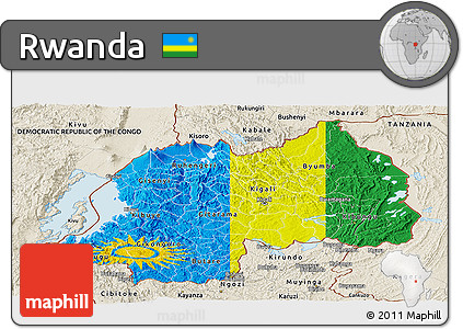 Flag Panoramic Map of Rwanda, shaded relief outside, bathymetry sea, flag rotated
