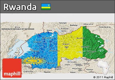 Flag Panoramic Map of Rwanda, shaded relief outside, bathymetry sea, flag rotated
