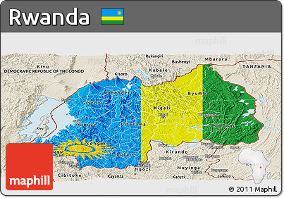 Flag Panoramic Map of Rwanda, shaded relief outside, bathymetry sea, flag rotated