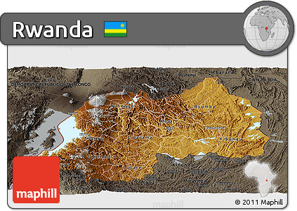 Physical Panoramic Map of Rwanda, darken, semi-desaturated