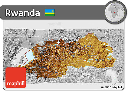 Physical Panoramic Map of Rwanda, lighten, desaturated