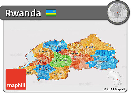 Political Panoramic Map of Rwanda, single color outside, shaded relief sea