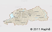 Shaded Relief Panoramic Map of Rwanda, single color outside, bathymetry sea, shaded relief sea