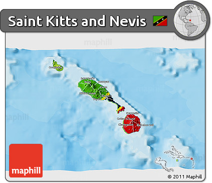 Flag 3D Map of Saint Kitts and Nevis, physical outside, bathymetry sea, flag rotated