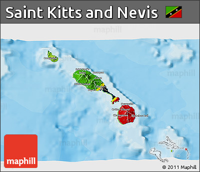 Flag 3D Map of Saint Kitts and Nevis, physical outside, bathymetry sea, flag rotated