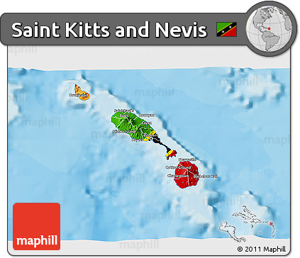Flag 3D Map of Saint Kitts and Nevis, political outside, flag rotated