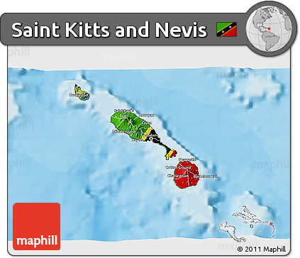 Flag 3D Map of Saint Kitts and Nevis, satellite outside, bathymetry sea, flag aligned to the middle