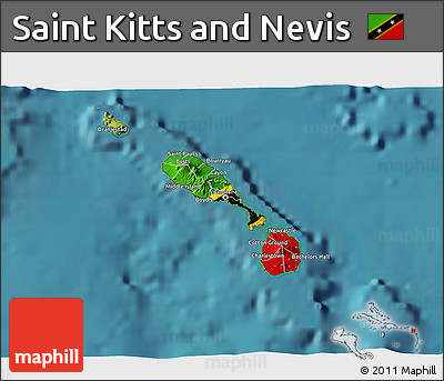 Flag 3D Map of Saint Kitts and Nevis, satellite outside, flag centered