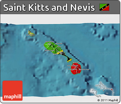 Flag 3D Map of Saint Kitts and Nevis, satellite outside, flag centered
