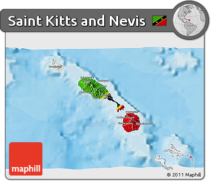 Flag 3D Map of Saint Kitts and Nevis, shaded relief outside, bathymetry sea, flag rotated