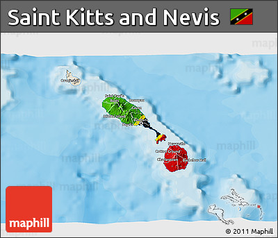 Flag 3D Map of Saint Kitts and Nevis, shaded relief outside, bathymetry sea, flag rotated
