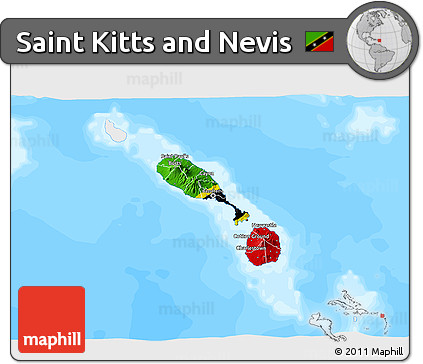 Flag 3D Map of Saint Kitts and Nevis, single color outside, bathymetry sea, flag centered
