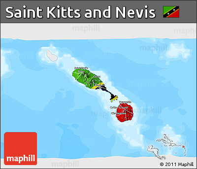 Flag 3D Map of Saint Kitts and Nevis, single color outside, bathymetry sea, flag centered