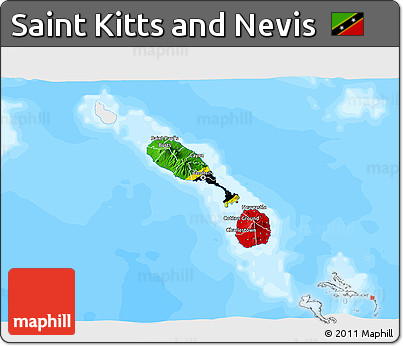 Flag 3D Map of Saint Kitts and Nevis, single color outside, bathymetry sea, flag centered