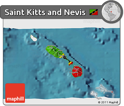 Flag 3D Map of Saint Kitts and Nevis, single color outside, satellite sea, flag rotated