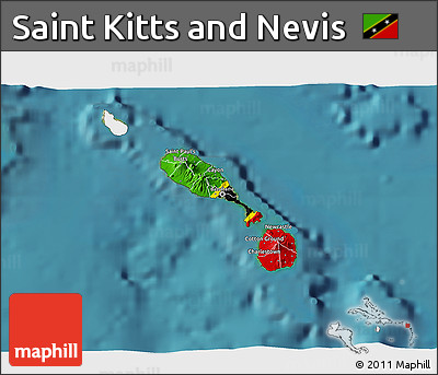 Flag 3D Map of Saint Kitts and Nevis, single color outside, satellite sea, flag rotated
