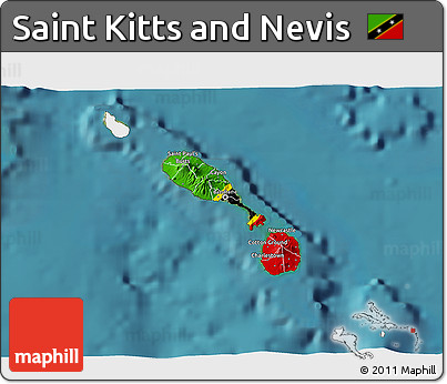 Flag 3D Map of Saint Kitts and Nevis, single color outside, satellite sea, flag rotated